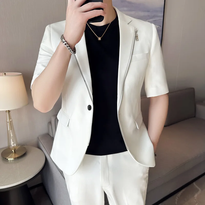 2023 Summer Zipper Decoration Blazers Men Casual Business Suit Jacket Slim Fit 3/4 Sleeve Streetwear Social Jacket Men Clothing