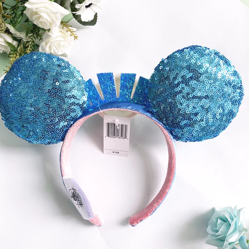 Disney Mickey Mouse  Sequins Headband Minnie Bow Disneyland Ears Cosplay Plush Mint Green Headwear Adult/Kid Birthday Gifts