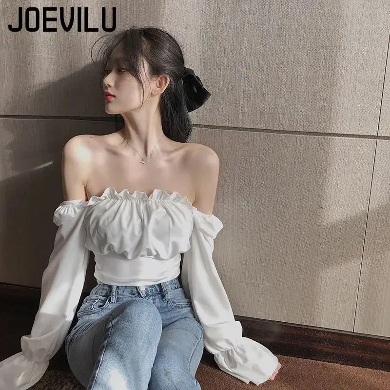 JOEVILU Off Shoulder Shirt Fungus Edge Bubble Sleeve Blouse Women\'s Fashion Pleated Backless Korean Style Long-sleeved Crop Top