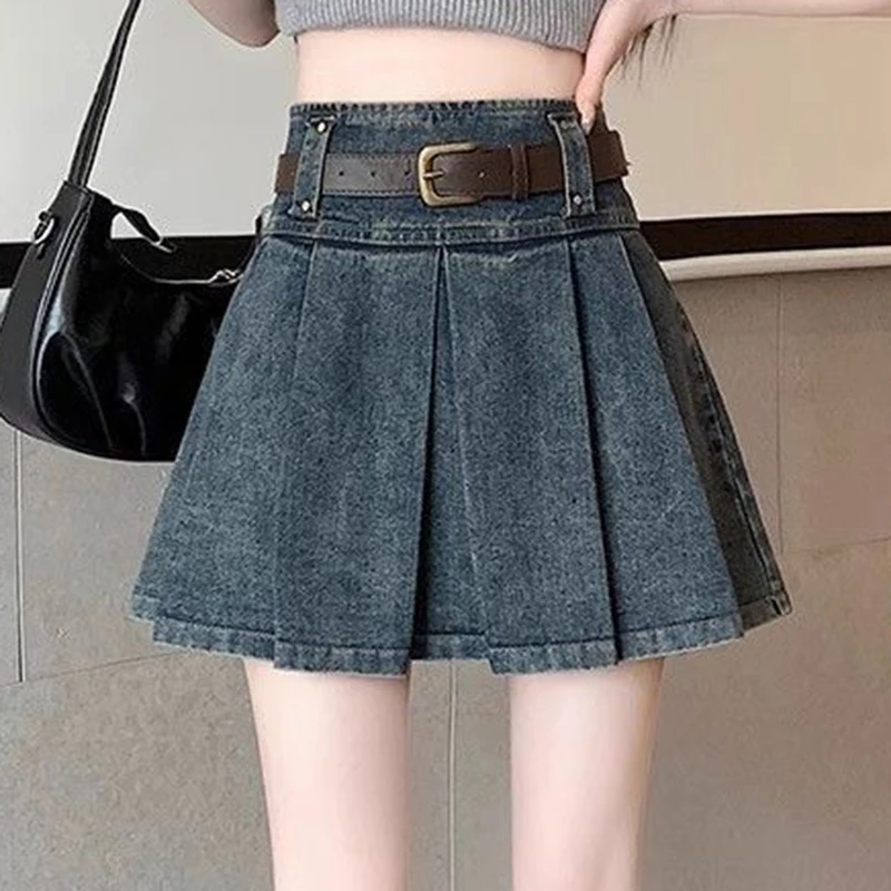 Retro pleated skirt for children's summer 2024 new high waisted spicy girl style denim short skirt  korean style