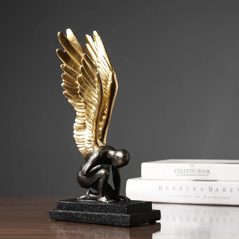 Retro Creative Modern Art Single Wing Black Gold Angel Sculpture Home Living Room TV Cabinet Decoration Character Ornaments