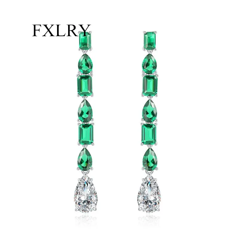 FXLRY Elegant Green Cubic Zirconia S925 Silver Needle Tassel Long Earrings For Women Wedding Jewelry