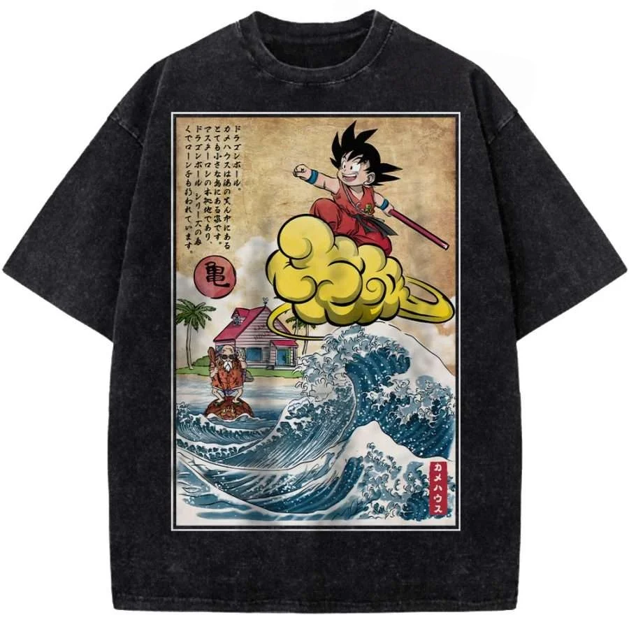 Dragon Ball Goku Shenron Ukiyo-e Vintage Washed Cotton Oversized T Shirt Unisex Casual Anime Graphic Print Tee for Men Women