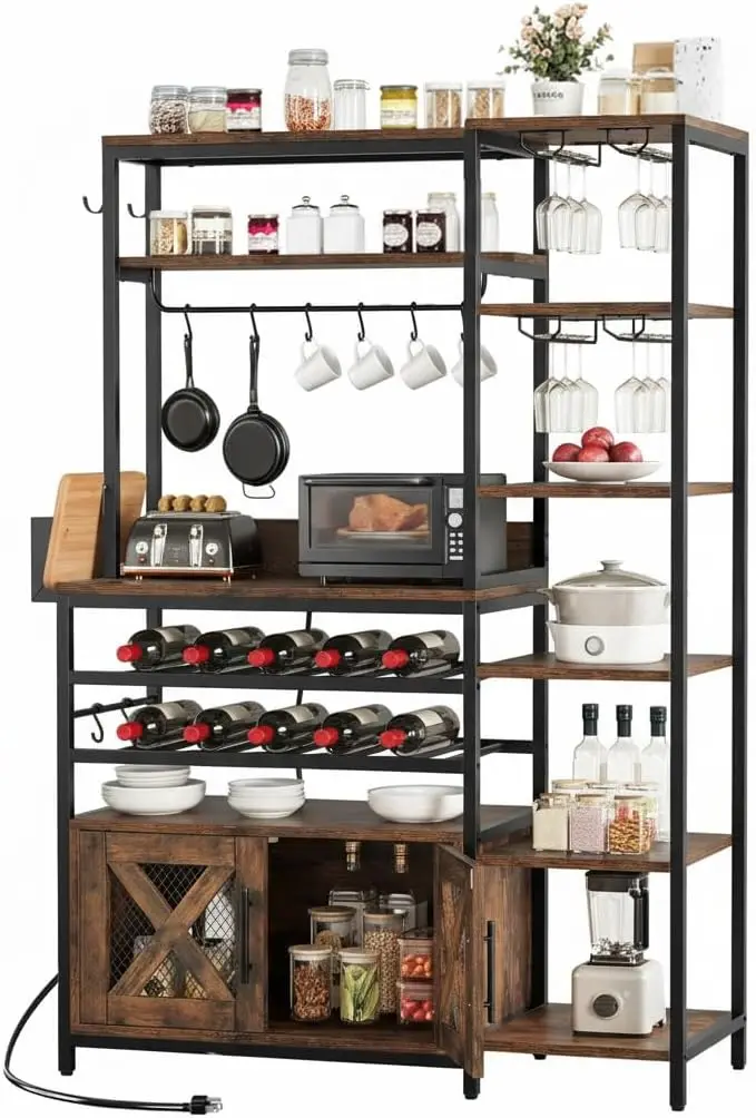 

Large Industrial Wine Rack with Power Outlet, 6-Tier L-Shaped Corner Cabinet for Home Bar in Rustic Brown