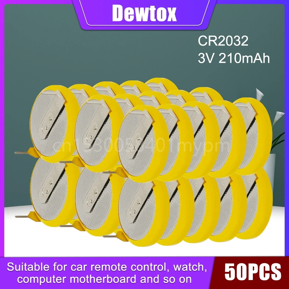 50PCS Dewtox CR2032 3V Lithium Battery In Line Horizontal Solder Pin Battery for Automobile Remote Control Mainboard Scale