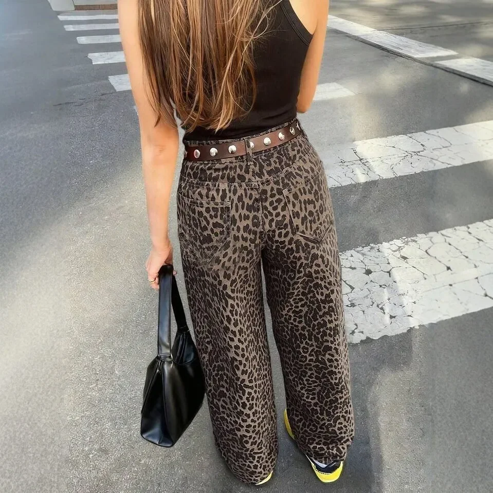 European American Vintage Women Leopard Casual Simple High Waist Trendy Floor Length Denim Trousers Female Jeans Pants Clothes