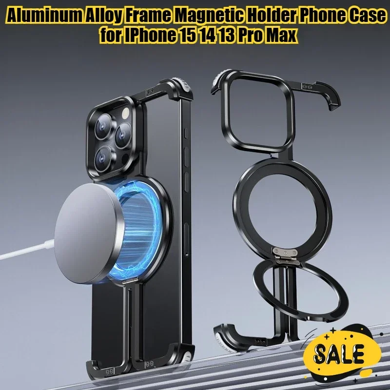 

Aluminum Alloy Frame Metal Magnetic Phone Case for IPhone 15 14 13 Pro Max Wireless Charging Frameless Holder Shockproof Cover