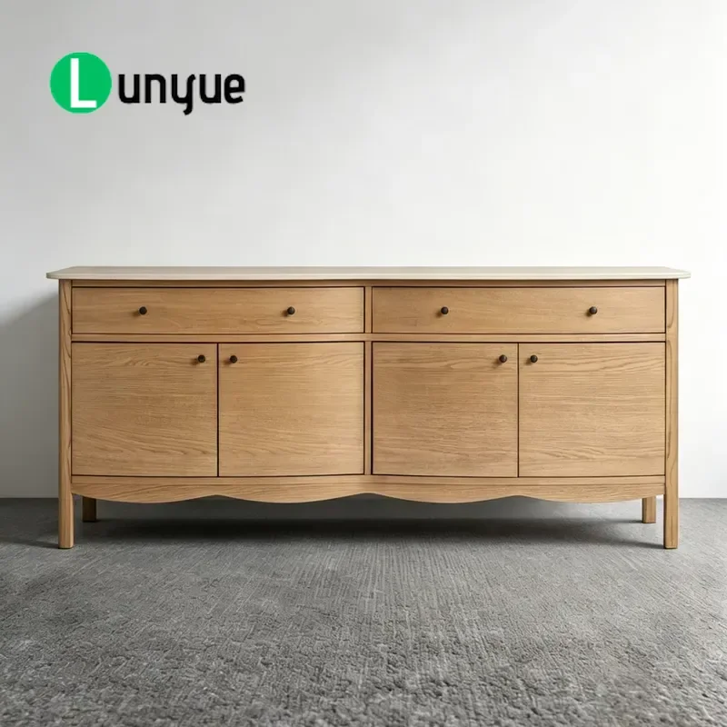 Retro Log Style Solid Wood Dining Side Cabinet 4 Doors 2 Drawers Marble Top Storage Locker Customizable for Living Room