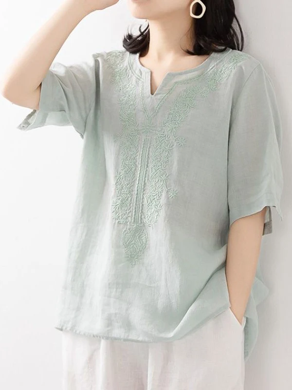Loose Cotton Linen ort Sve V-Ne T-irt Women's Top Summer New Sle Slimming Ethnic Wind Linen Base irt