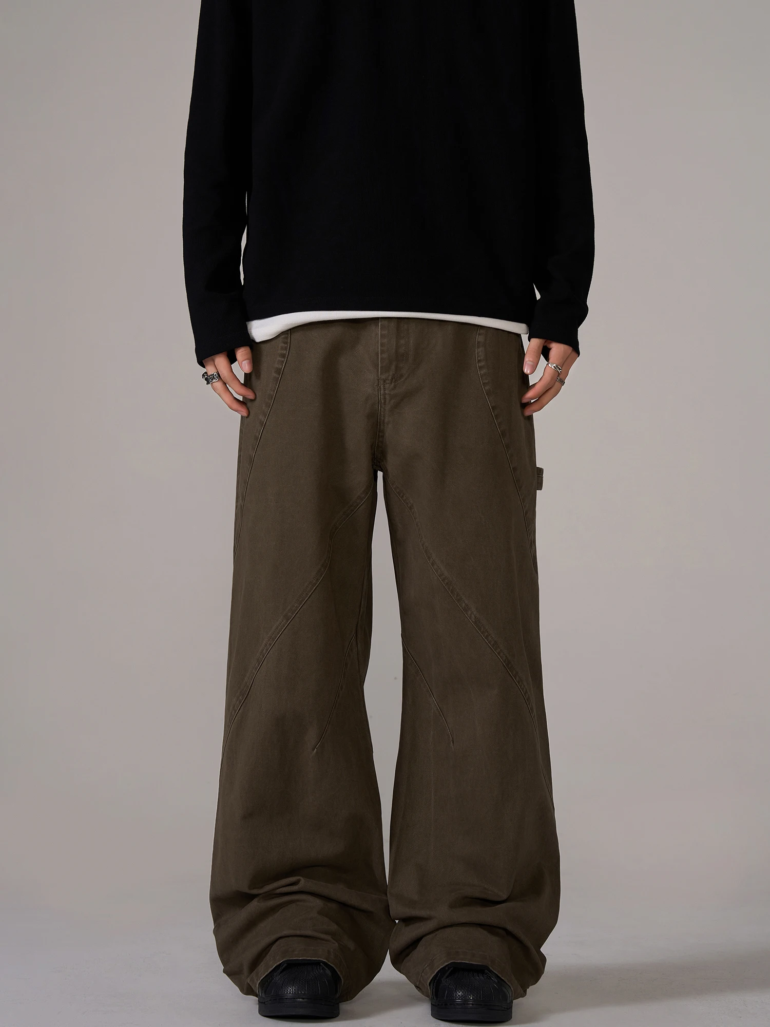 

ISIETS American Casual Brand Decosition Brown Wide Leg Work Pants Men's Design Sense Vintage Loose Casual Long Pants