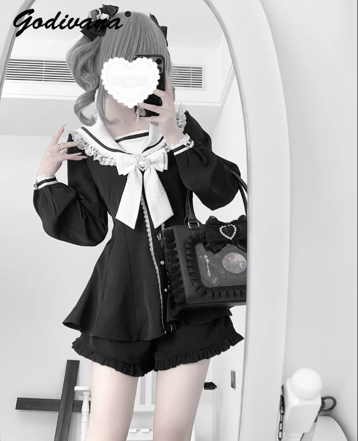 2025 신상 봄 일본 마이네 시리즈 세일러 칼라 귀여운 리본 슬림 긴팔 드레스 + 숏 투피스 여성 로리타 의상