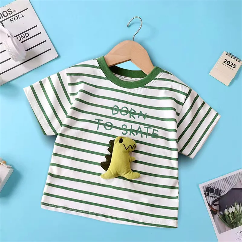 3D-Puppe, gestreift, Kindermode, Mädchen-Shirt, Kind, Baby, T-Shirt, Junge, Mädchen, Dinosaurier, Top-Shirts, 2025, Kleinkind, Kinder, Mädchen, Kleidung