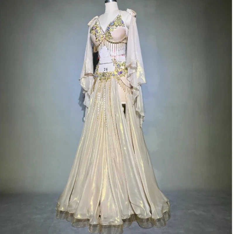 

Belly Dance Professional Costume Set for Women Customized Bellydancing Pearl Bra+Chiffon Yarn Long Skirt Oriental Dance Outfit