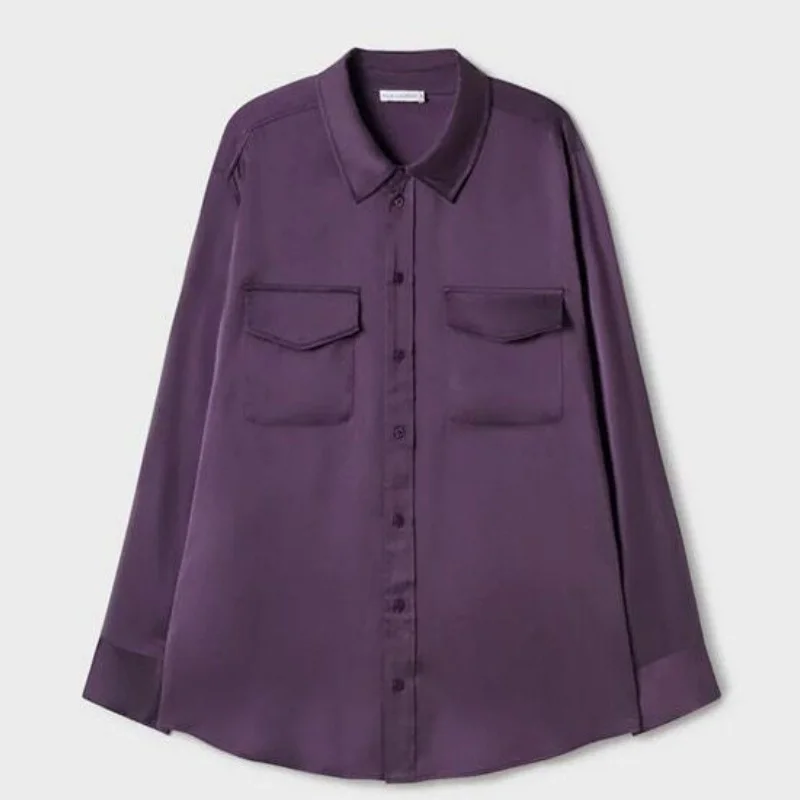 Pure Silk Office Lady Shirts And Blouses Purple Autumn Button Women's Shirts Street Style Satin Silk Long Sleeve Leisure Blouse