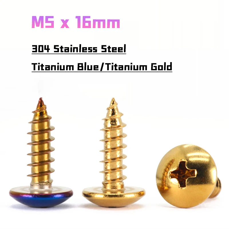 M5 x 16mm Stainless Steel Titanium Blue/Gold Large Pan Head Self Tapping Screws for Motorcycle Modification Decorative Bolt
