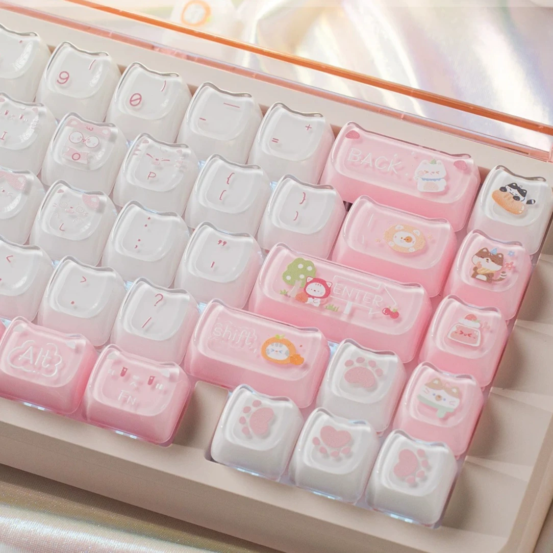 MAIMOOO Cat Party Jelly Crystal Keycaps MAO Profile PC Personalized Kawaii Pink Cat Ear Jello Keycap for Mechanical Keyboard