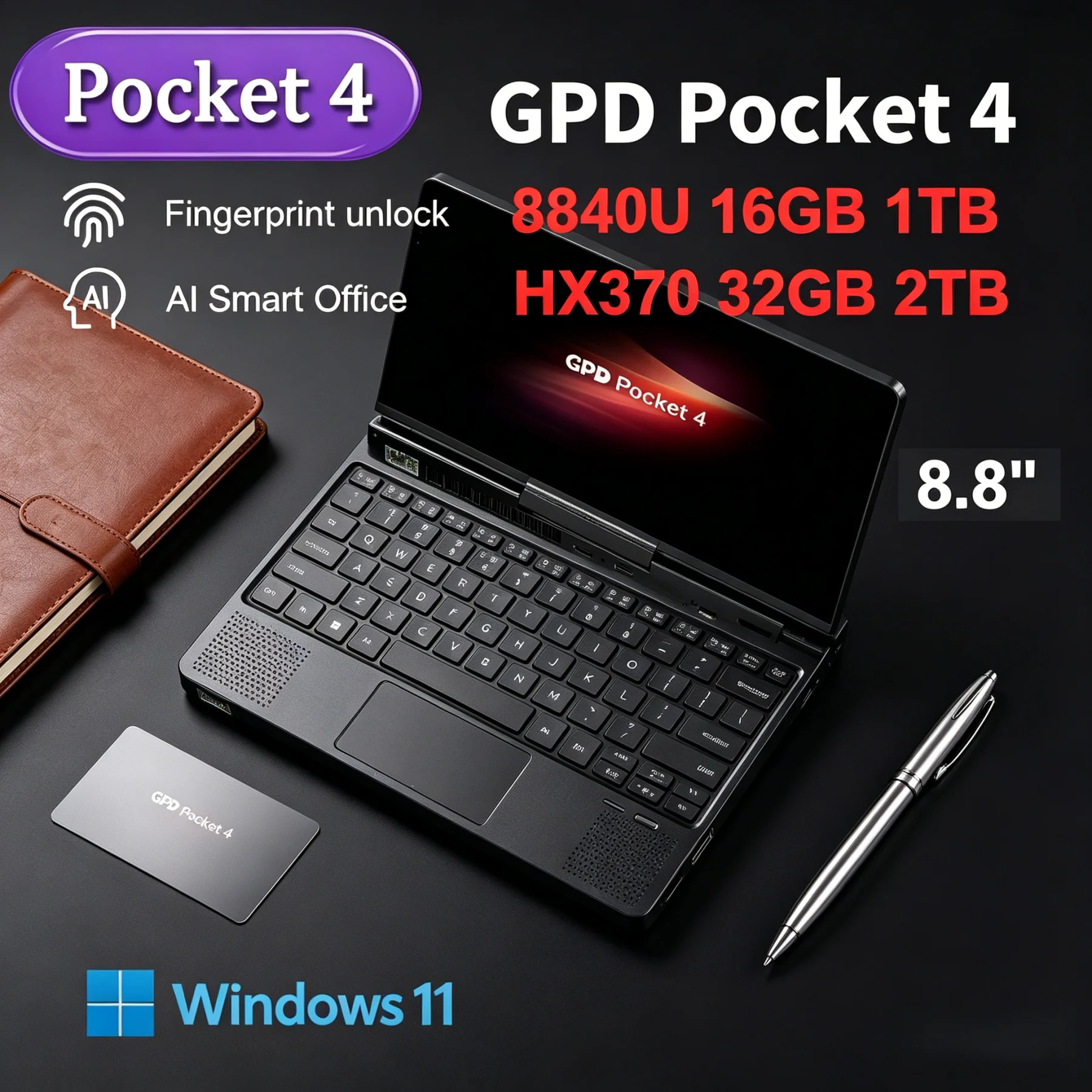 2026 New Arrival GPD Pocket4 8.8 Inch 144Hz Tablet Laptop AMD AI 9 HX 370/8840U 64GB 2TB NVMe MiniPC