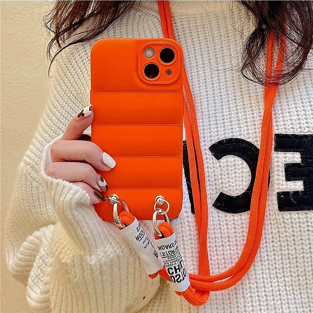 

Crossbody Necklace Strap Lanyard Down Jacket Silicone Soft Phone Case For iPhone 15 14 13 Pro Max 12 11 XS XR Puffer Case
