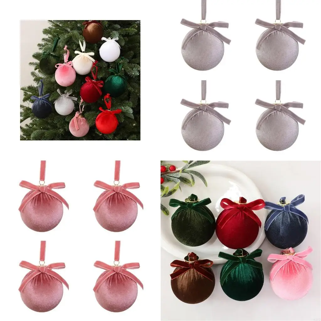 62KD Soft Fabric Ornament Set of 4 with Ribbon Top Detail and Metal Loop for Christmas Tree and Indoor Window Display