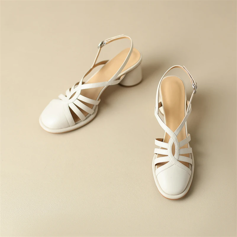 Meotina Women Genuine Leather Sandals Round Toe Chunky High Heels Buckle Narrow Band Ladies Fashion Casual Shoes Summer 42
