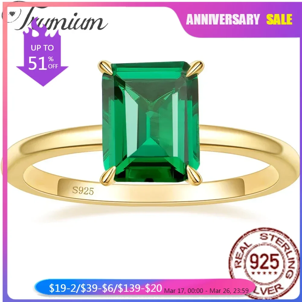 Trumium 3CT 925 Sterling Silver Emerald Engagement Rings for Women Gold Plated Emerald Cut Birthstone Gemstone Rings for Girl