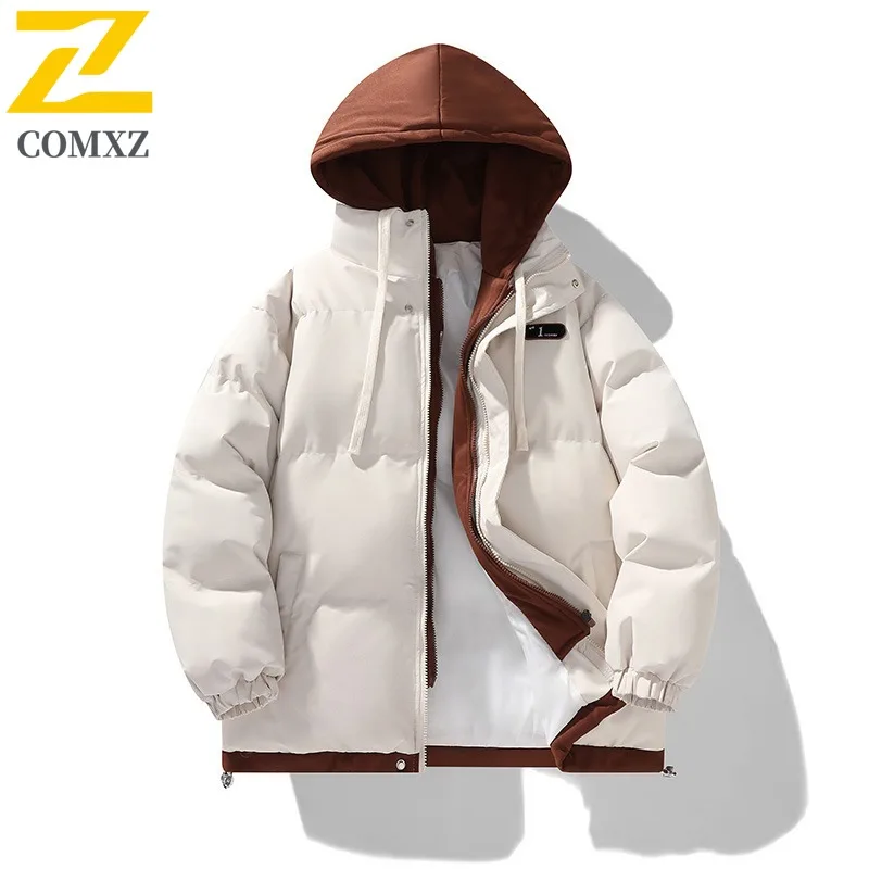 COMXZ 2025 Mens Winter Hooded Puffer Jacket Fake Two Piece American Style New Thick Warm Thickened Cold-proof Outdoor Sport Coat