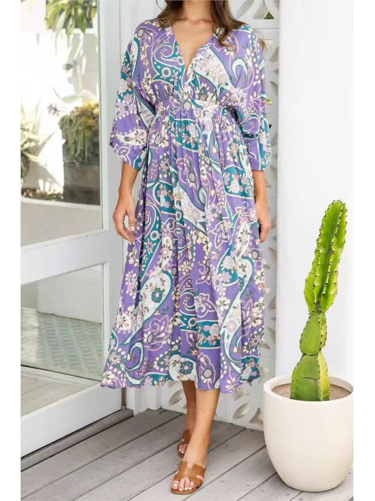 

Elegant Vacation Dress Women Summer New Casual V-Neck Bat Sleeve Waist Long Dresses Loose Printed Bohemian Style Female Vestidos