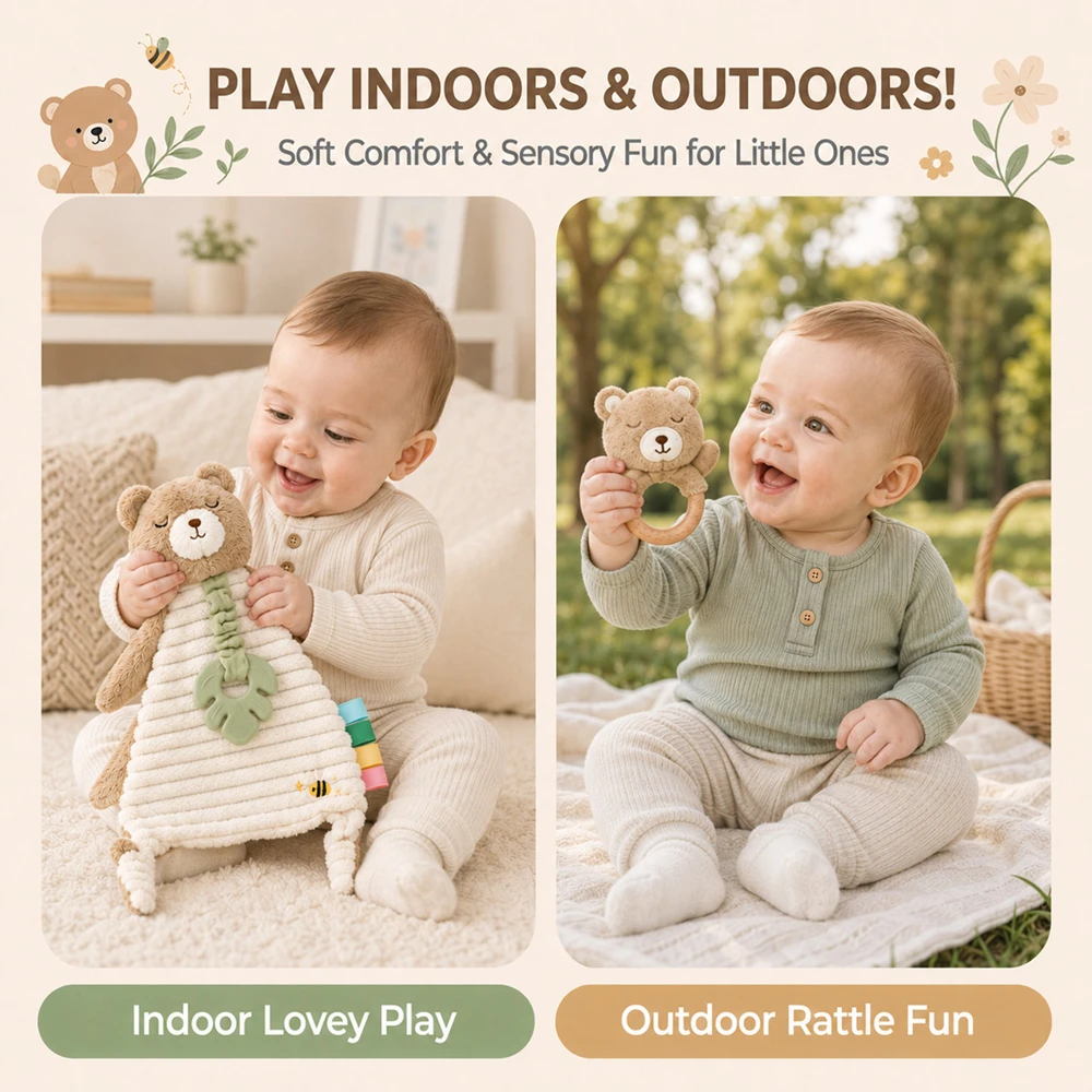 Newborn Toys 2 Piece Baby Comfort Set with Plush Bear Lovey and Wooden Ring Rattle Silicone Teether Sensory Tags for Teething
