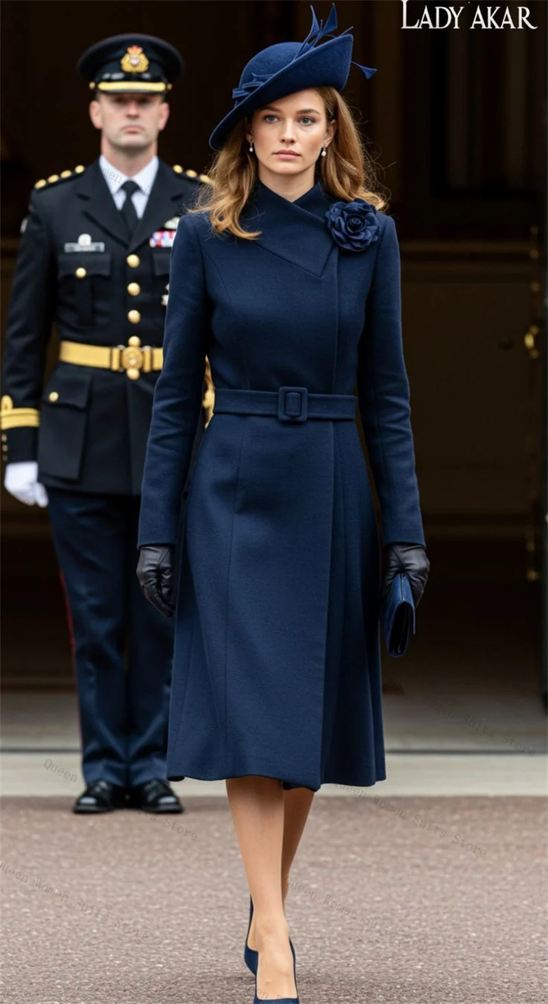 

Cashmere Blue Women Suit 1 Piece Long Blazer Wool Prom Dress 3D Flower Formal Office Lady Jacket Wedding Guest Coat Customized