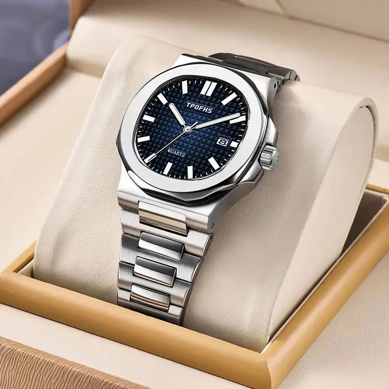 2024 Luxury Man Wristwatch Business Stainless Steel Quartz Men Watch Waterproof Luminous Date Square Men's Watches Clock+Box