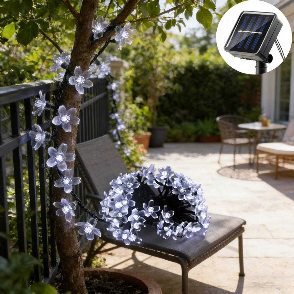 Solar Sakura Garlands Peach Flower Cherry LED Lamp Fairy 5/7/12M Wedding Outdoor Garden Decor String Light for Party Led Lights