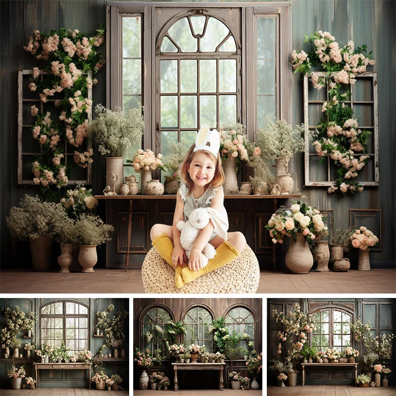 Spring Easter Photography Backgrounds Flowers Indoor Still Life Style Greenery Kids Adult Portrait Photo Backdrops Studio Props