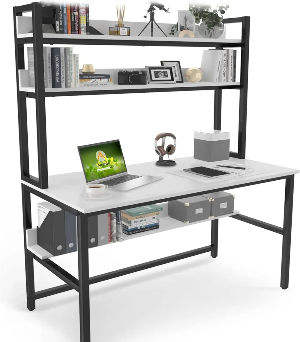 

Aquzee Computer Desk with Hutch and Bookshelves, 55 inch Width White Desk with Shelves for Storage Study Work Homework