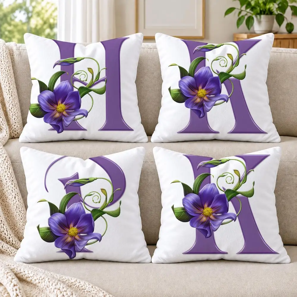 Simple Purple Flower Letters Cushion Cover Short Plush Double-Sided Printing Sofa Bedroom Pillow Case Aesthetic Home Decor