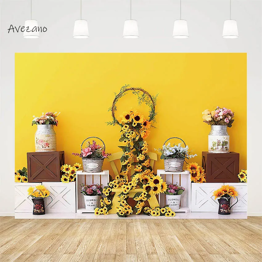 Avezano خلفية التصوير الربيع عباد الشمس حديقة الطفل الاطفال عيد ميلاد صورة كعكة سحق خلفية صور استوديو الديكور