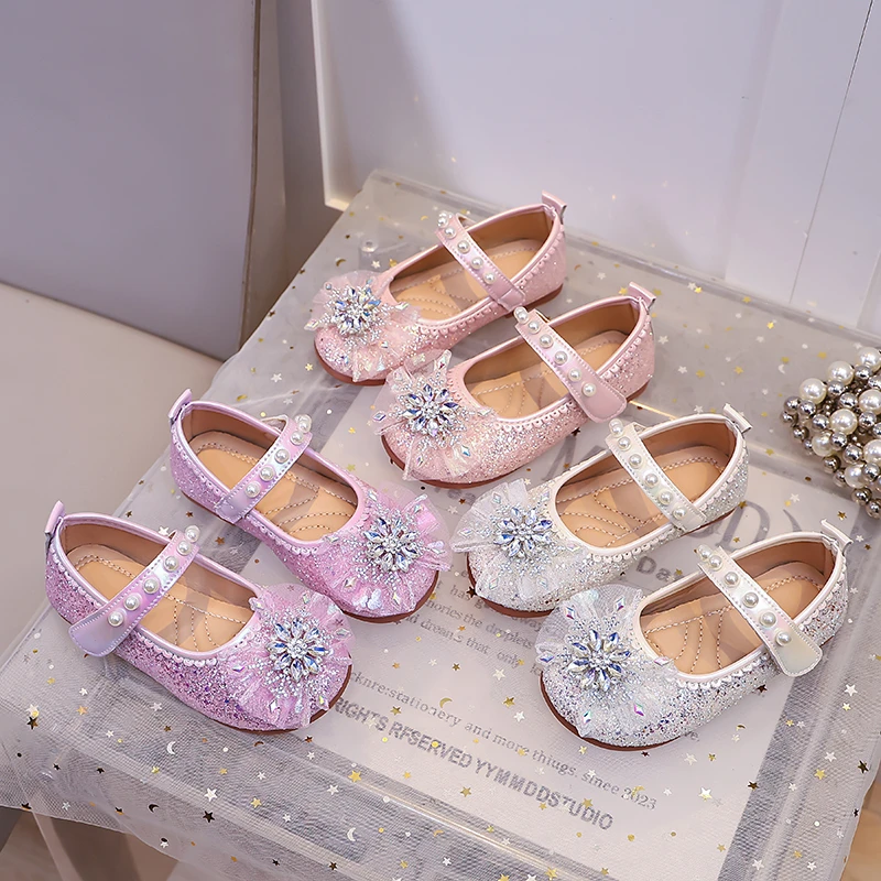 Mädchen Mary Jane Flache Schuhe Glitzer Prinzessinnen-Kleiderschuhe Tüll Strass Schneeflocken-Ornament, Perlen Ballett Hochzeit Mädchen Geburtstag – Detail 3