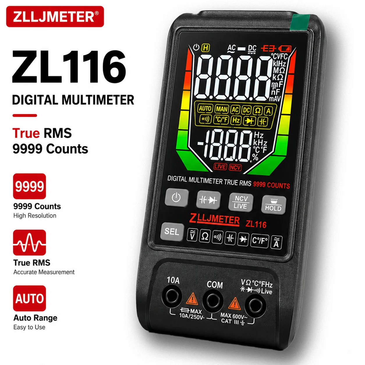 ZL116 Digital Multimeter 9999 Counts True RMS Auto Range NCV Live Voltage Tester AC DC Current Resistance Temp Frequency Measuri