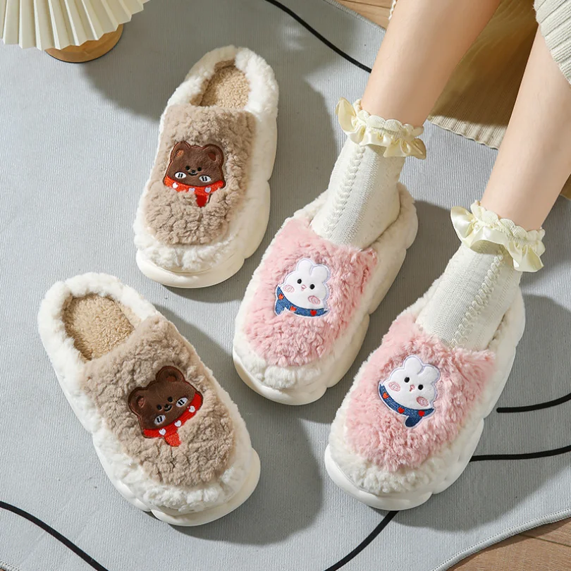 Fuzzy Slipper Women Cartoon Rabbit Bear Winter Warm Plush Indoor Floor Non Slip House Home Men Male Shoes Female 2024 New In