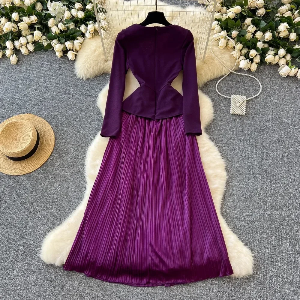 Elegant Long Sleeve Vintage V-neck Three-dimensional Floral Slim Spliced Pleated Dresses Evening High Street Plus Size Clothing