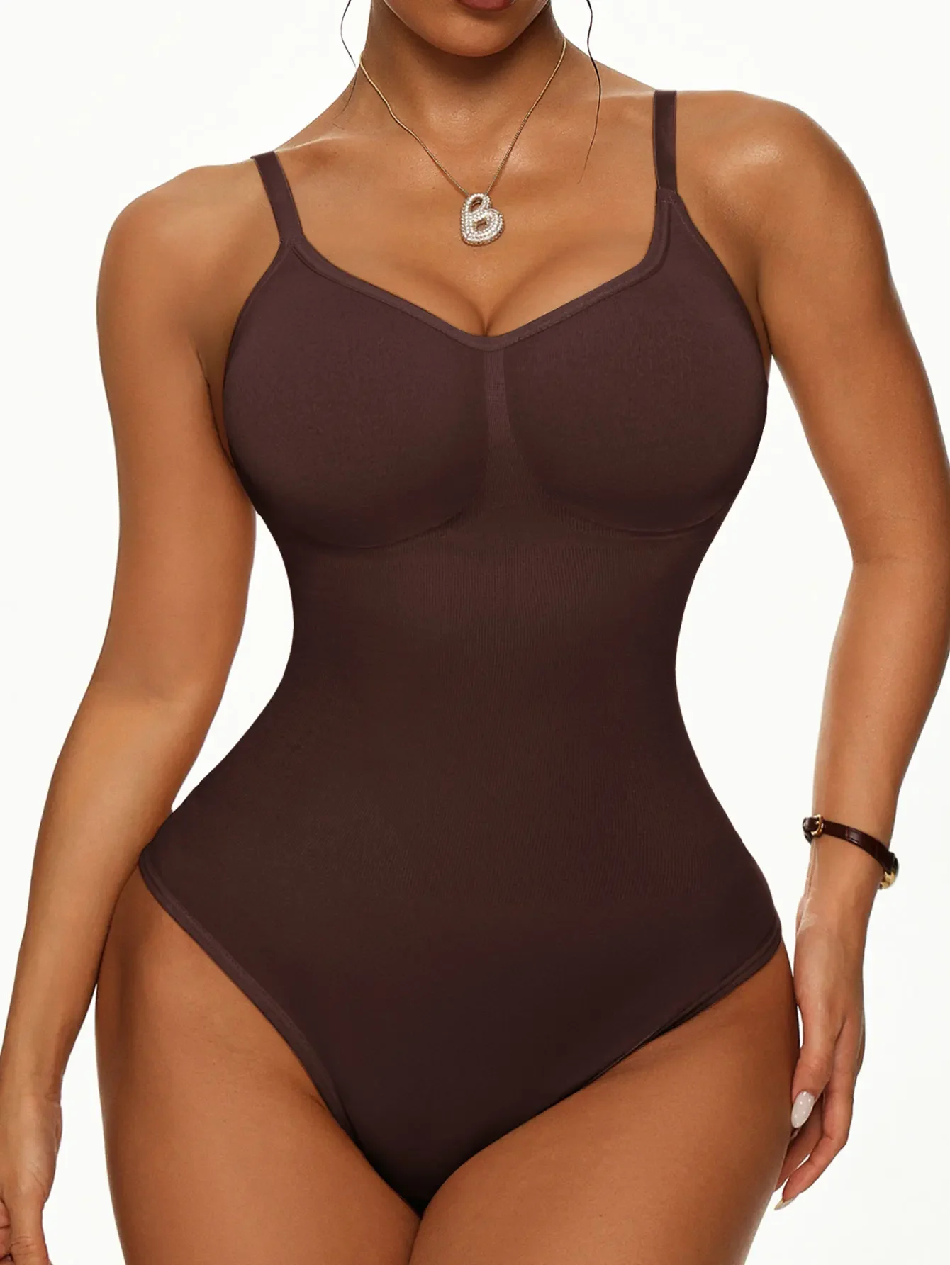 Nahtloser gerippter Bodysuit für Damen, formgebendes Tanktop mit verstellbaren Trägern, schlankmachender Body ohne Polsterung, unsichtbare Alltagsunterwäsche – Detail 4