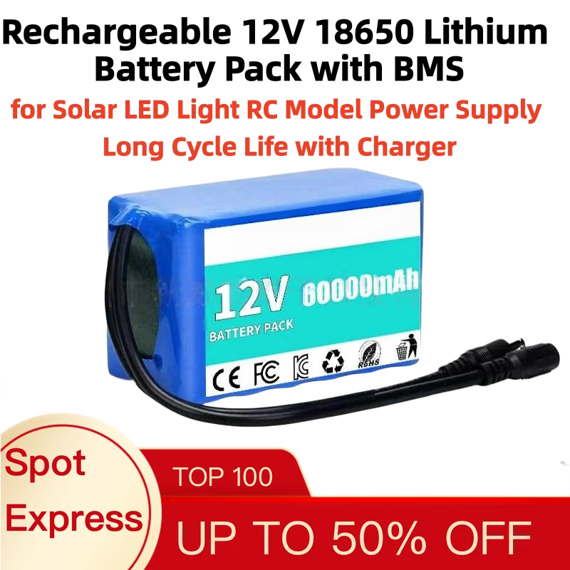 12V 18650 Lithium Battery Pack with BMS for Solar LED Light RC Model Power Supply Long Cycle Life with Charger