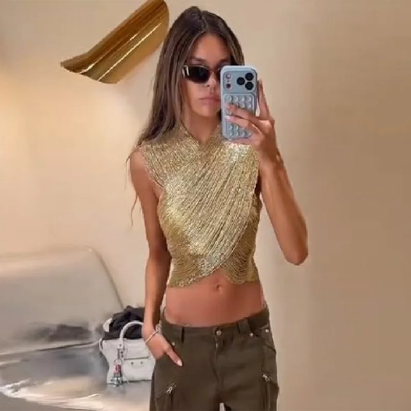 

Новая женская винтажная блузка-кроп-топ 2026 года с золотистым блеском, перекрестными бретелями, без рукавов, с высоким воротником, драпировкой и металлическим эффектом, в стиле Y2K, для вечеринок и уличной моды