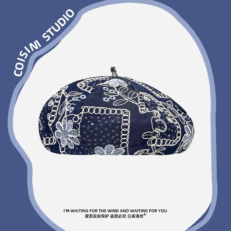 

French Elegant Blue Personalized Embroidered Berets for Women Spring Autumn Travel Fashion Versatile Literary Painter Hats