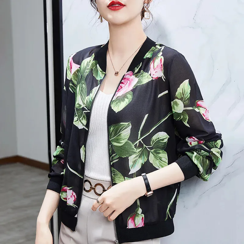 Kích Thước M-5XL Chiffon Hoa Hồng In Áo Khoác Mùa Xuân Hè Áo Khoác Mỏng Cardigan Nữ Lưới Dài Cao Cấp Người Phụ Nữ Quần Áo