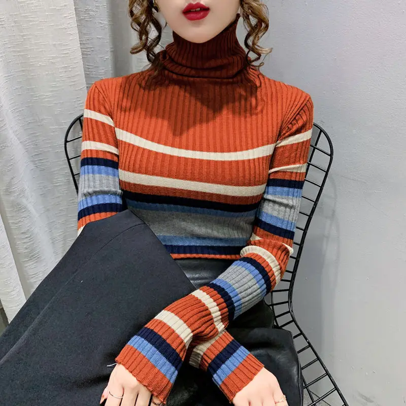 

Stripe Color Splicing Knit Sweater Autumn Winter Turtleneck Long Sleeve Slim Sweater Korean Style Casual Sweater for Female 2022