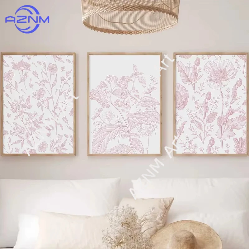 1 Stück/3 Stück Hellrosa Linien Blumen Pflanzen Kunstposter Mädchenzimmer Warme Wand-Leinwandmalerei Moderne Minimalistische Heimwandkunst