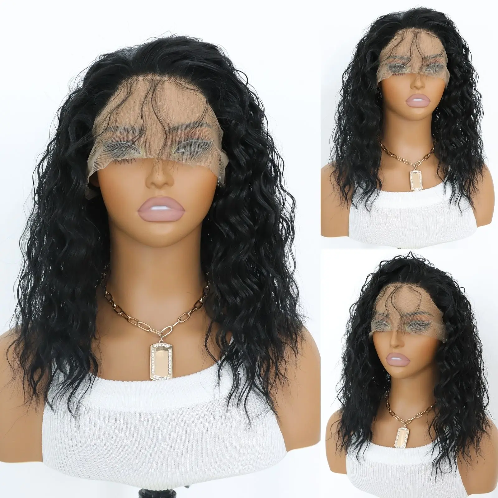 

Короткие вьющиеся синтетические парики на шнуровке, черные короткие вьющиеся 13x4, парик на шнуровке, предварительно выщипанный парик из натуральных волос, 14 дюймов