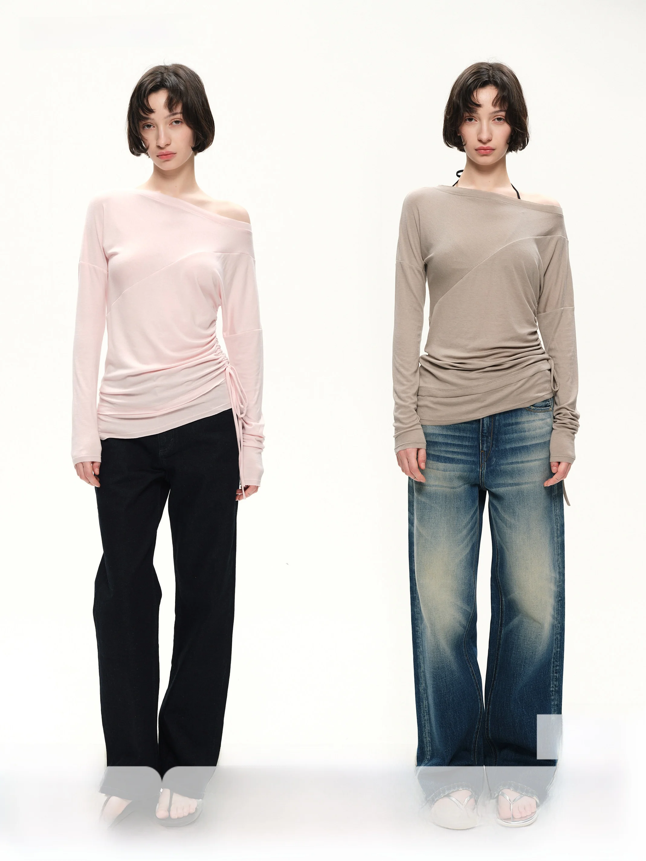 

SeeKSimple le Wool Boat Ne oulder Drop Sve Side Dstring Long Sve T-irt Women's Casual Sle Slim Fit Summer...