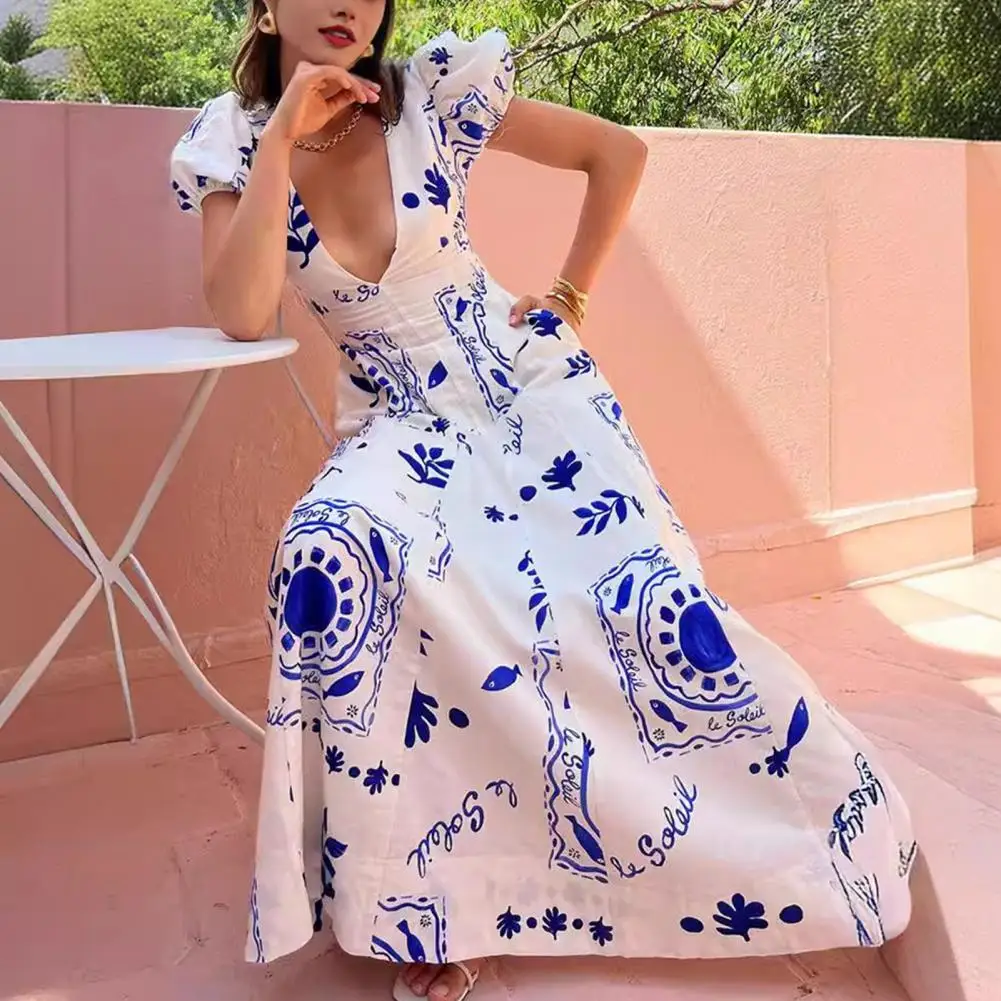 Vestido maxi colorido com v pescoço e bolha mangas para as mulheres, tamanho grande, com bolsos laterais, para festas de baile, verão