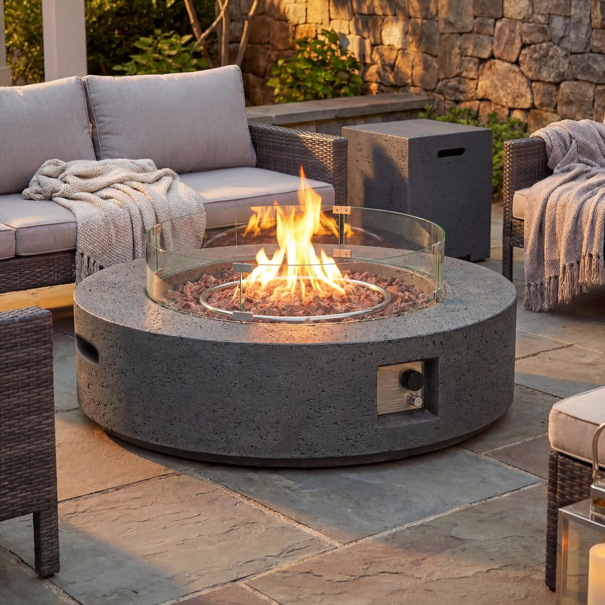 42 inch Outdoor Fire Pit Coffee Table w Concrete Round Base Patio Heater, Certified, 50,000 BTU Stainless Steel Burner